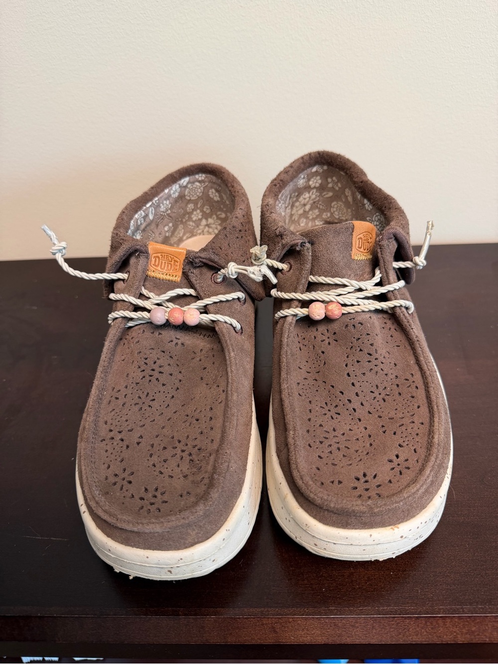 Hey Dude Wendy Brown Suede Lace-Up Sneakers with Bead Accent